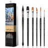 Ensemble de pinceaux mixtes aquarelle professionnels Fuumuui & Svetlin Sofroniev comprenant six pinceaux d'artiste à manche noir de différentes formes et tailles, présentés à côté de son emballage de marque montrant une œuvre d'art à l'aquarelle.