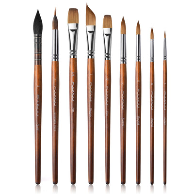 Fuumuui 9pcs professional watercolor brushes set with quill (mop) brush, needle tip, flat, dagger, and round brushes.