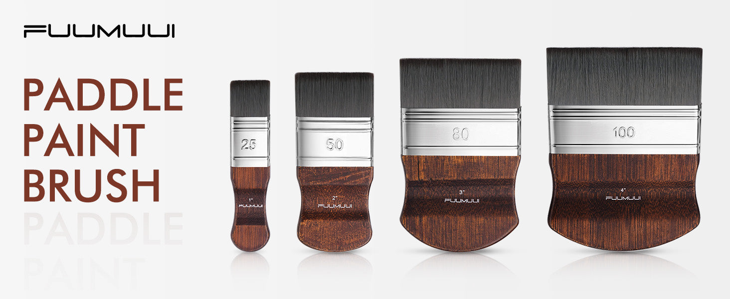 Fuumuui Paddle Paint Brush set with synthetic nylon hair for watercolor, acrylic, and oil paint. Professional artist brushes in sizes 1", 2", 3", and 4" (25, 50, 80, 100) featuring ergonomic wood handles.