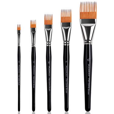 Un ensemble complet de cinq pinceaux peignes plats professionnels avec des poils synthétiques orange et des manches noirs, disposés par taille.