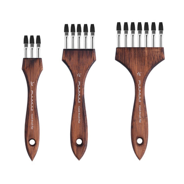 Fuumuui multi-head nylon comb brush set with 3/4", 1 1/4", and 1 5/8" flat bristles, ideal for art textures and special effects.
