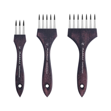 Fuumuui Multi-Head Nylon Comb Brush set for textures and special effects. Features three round nylon comb brushes of different sizes with dark wood handles, perfect Fuumuui art supplies.