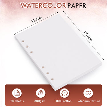 100% Cotton Watercolor Paper, 300gsm 140lb medium texture cold press. 20 loose-leaf sheets measuring 12.2cm x 17.7cm with 6-hole punch for artist travel sketchbooks and professional watercolor painting.