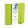 Fuumuui 100% Cotton Watercolor Book, 5.5x5.5 inch square lime green sketchbook with 30 sheets of 300gsm 140lb Cold Pressed paper. Features an elastic band closure for professional artists and beginners.