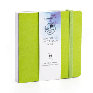 Fuumuui 100% Cotton Watercolor Book, 5.5x5.5 inch square lime green sketchbook with 30 sheets of 300gsm 140lb Cold Pressed paper. Features an elastic band closure for professional artists and beginners.