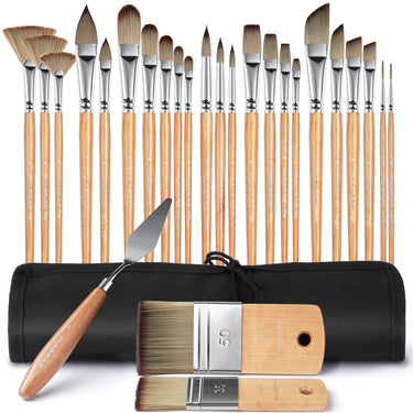 Ensemble de 26 pinceaux acryliques en nylon Fuumuui avec couteau à palette, présentant diverses formes de pinceaux d'artiste avec des manches en bois et des poils synthétiques, accompagné d'un étui de transport noir.