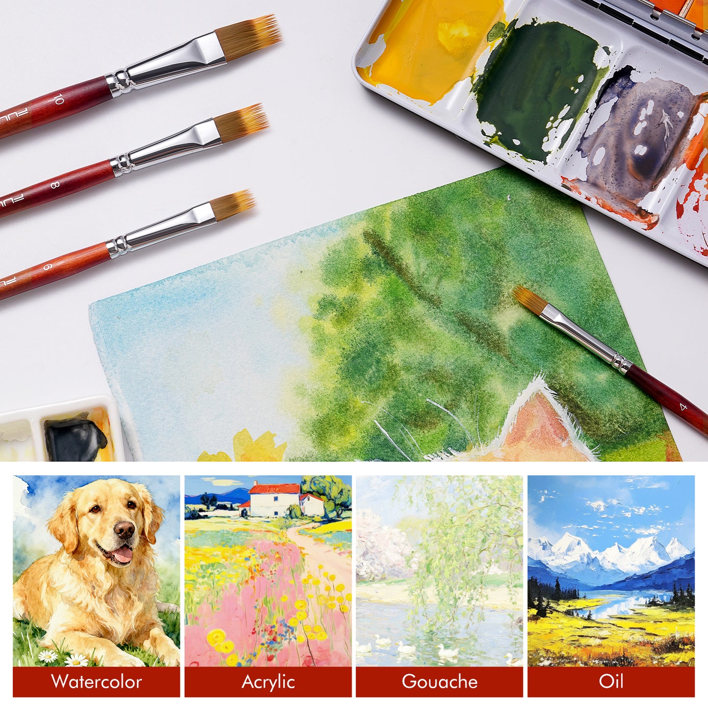 FUUMUUI 5-Piece Dual-Layer Synthetic Flat Grainer Brush Set for Watercolor & Acrylic