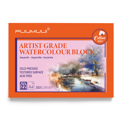 Fuumuui 100% Cotton Artist Grade Watercolor Block, Cold Pressed, A4 300gsm (140lb), 22 Sheets