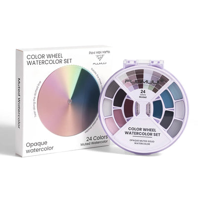 Fuumuui Color Wheel Watercolor Set featuring 24 muted paints presented in retail box and round palette.