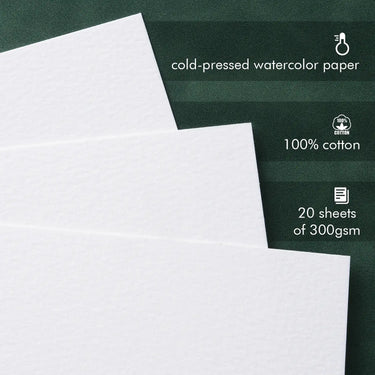 Textured 100% cotton cold-pressed watercolor paper for professional artists. Includes 20 sheets of 300gsm (140lb) heavyweight white paper ideal for watercolor paint, gouache, and professional art techniques.