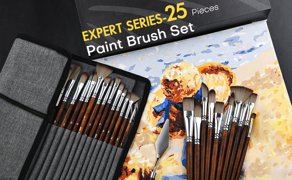 Expert Series-25 Pieces Paint Brush Set featuring synthetic nylon bristles for acrylic paint and oil paint. Set includes fan, filbert, and detail brushes with a palette knife and grey carrying case for artists.