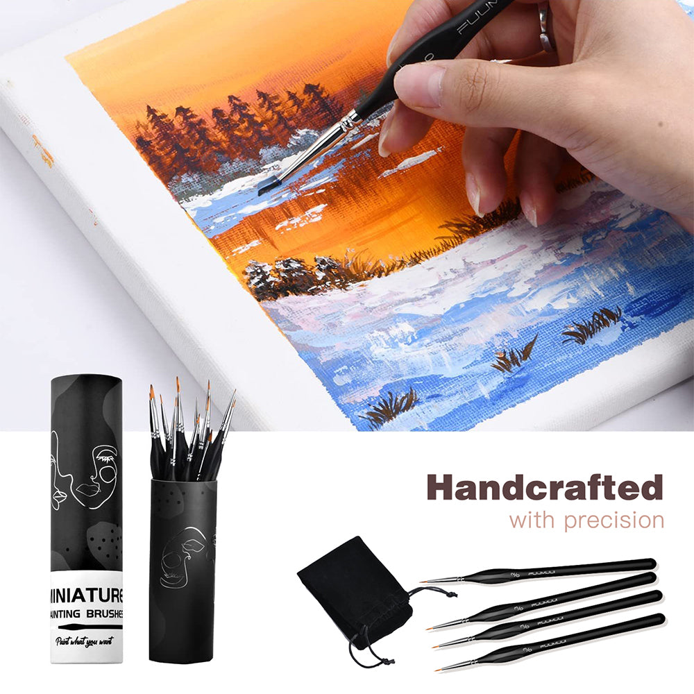 Fuumuui handcrafted detail brushes for miniatures and models, complete with a carrying case and dust bag for easy storage.