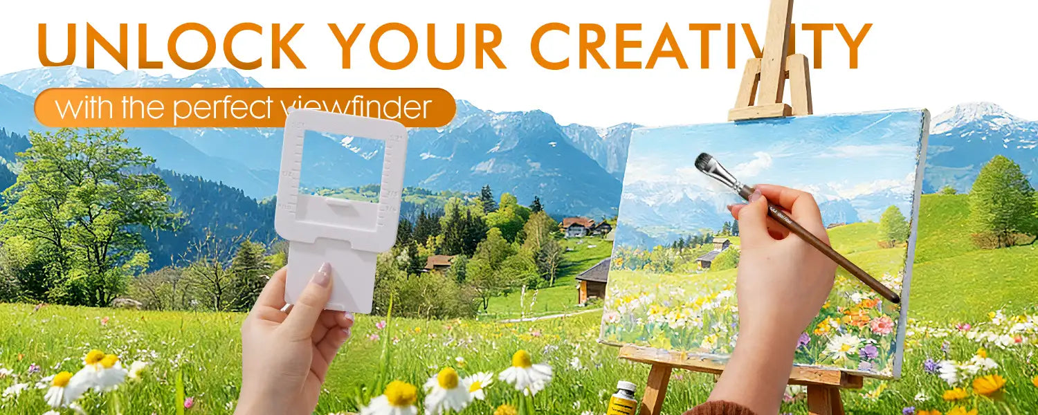 Professional artist using a white viewfinder tool and long-handle Oil Paint Brush to paint a mountain landscape. Ideal for beginners using acrylic paint or oil paint for plein air landscape compositions.