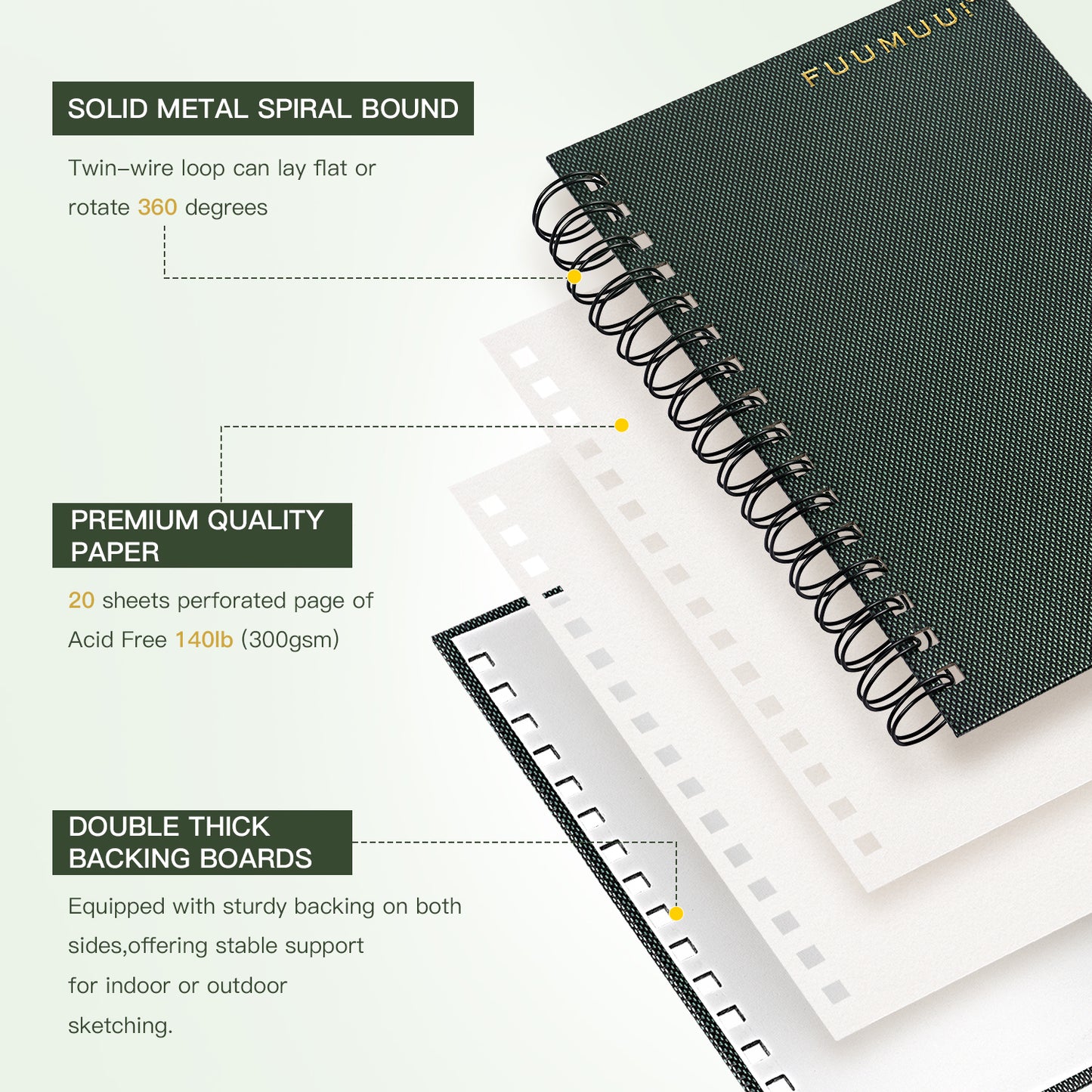 FUUMUUI 20-Sheet A4 100% Cotton Watercolor Paper Pad – Spiral Bound, Heavyweight Artist-Grade Watercolor Sketchbook