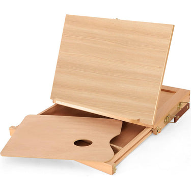 Chevalet de table en bois Fuumuui ouvert, révélant le tiroir de rangement et la palette d'artiste en bois incluse partiellement sortie.