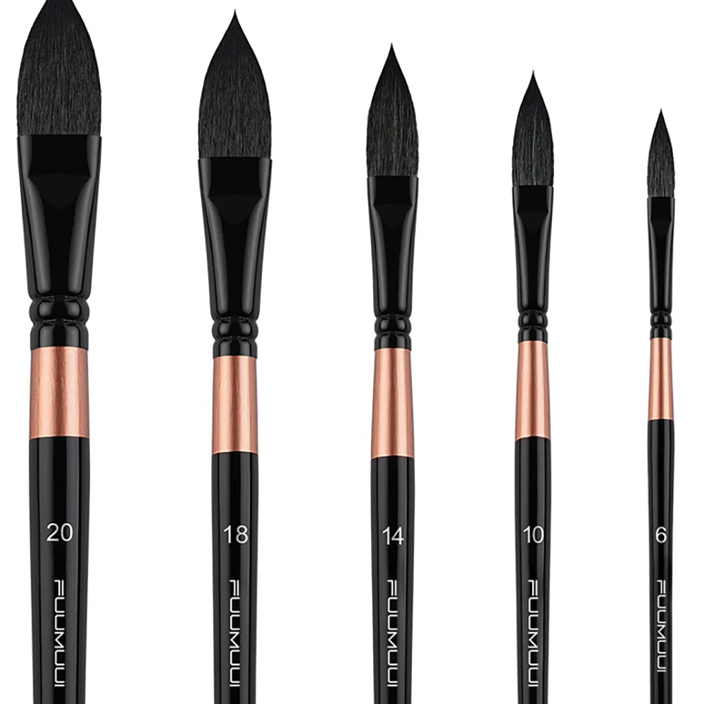 Fuumuui watercolor brushes, featuring five sizes of synthetic squirrel hair for professional artists and beginners.