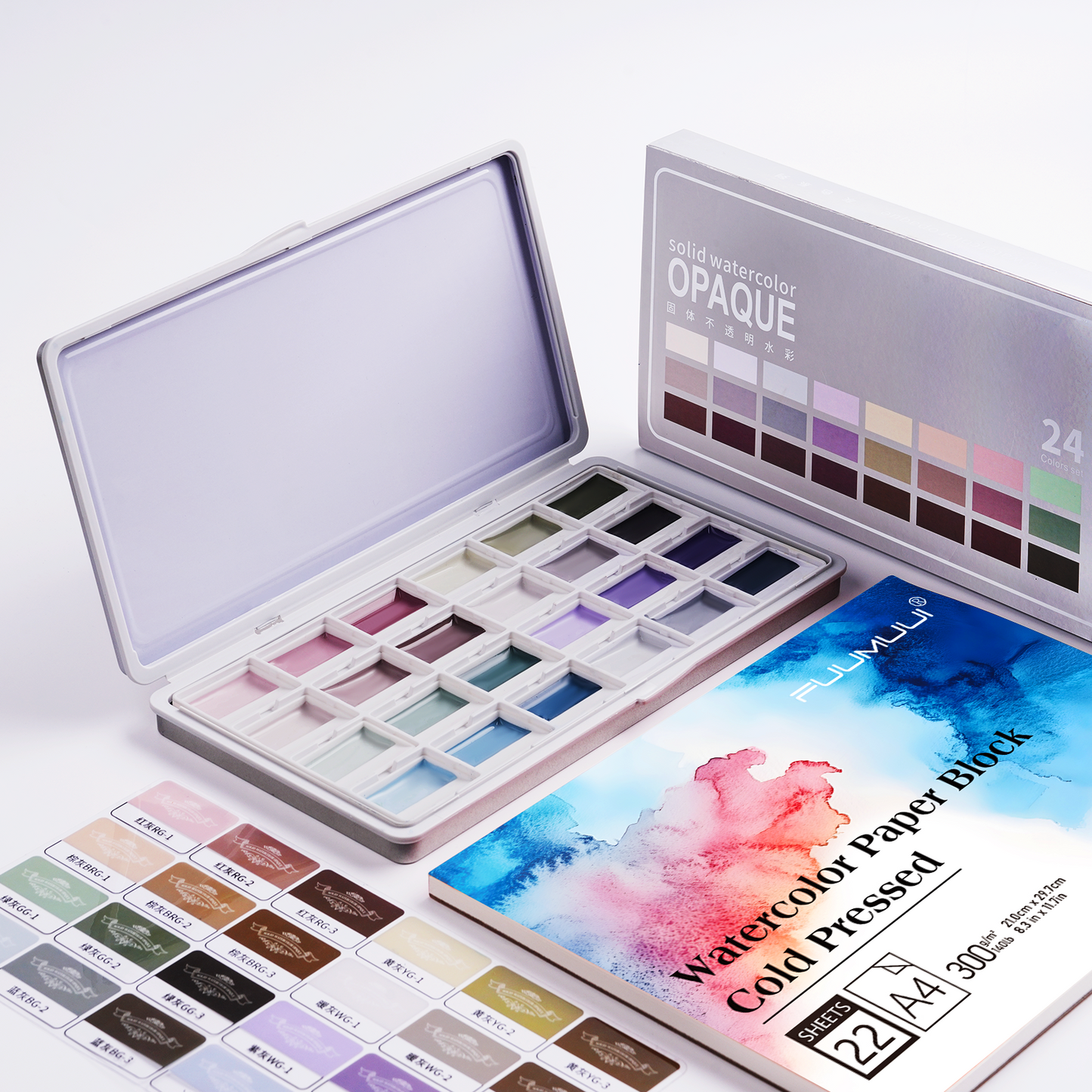 Fuumuui 24-Color Opaque Semi-Moist Watercolor Set – Gray Tones with Strong Coverage and Smooth Blending