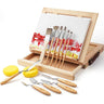 Fuumuui Ensemble de 6 pinceaux professionnels pour acrylique, plusieurs couteaux à palette et un chevalet en bois, présentés avec une toile peinte et des éponges.