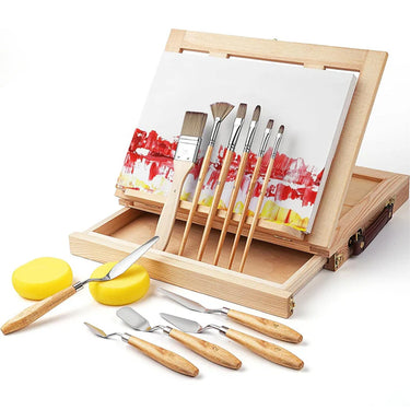 Fuumuui Ensemble de 6 pinceaux professionnels pour acrylique, plusieurs couteaux à palette et un chevalet en bois, présentés avec une toile peinte et des éponges.