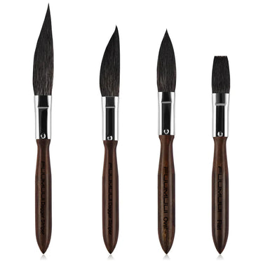 Fuumuui 4pcs Squirrel Hair Pinstriping Brush Set for high performance striping control, featuring two Dagger Striper brushes, one Oval brush, and one Flat brush.