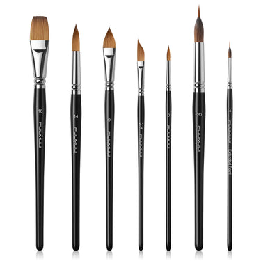 Fuumuui 7pcs Professional Sable Watercolor Brushes set, featuring diverse shapes like round, flat, filbert, and angled tips.