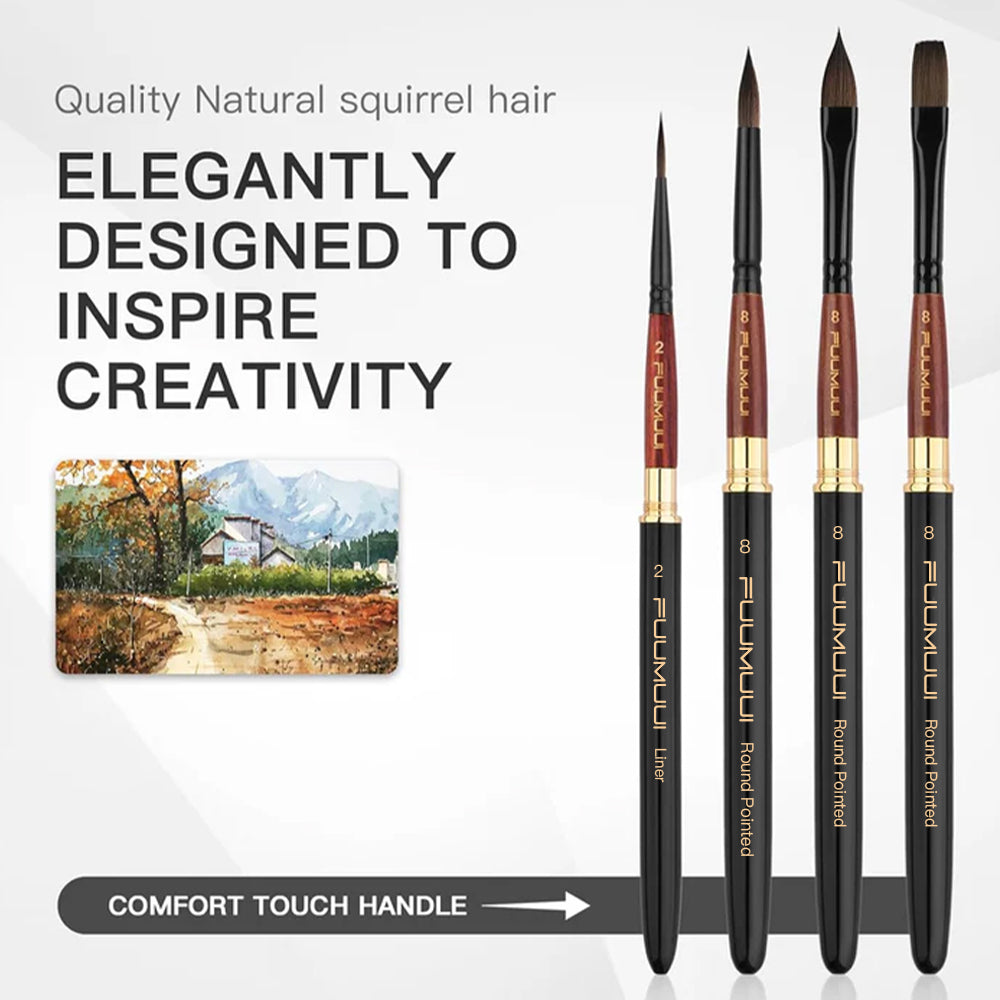 Fuumuui professional squirrel hair brushes with an elegantly designed, comfortable handle to inspire creativity for watercolor and fine art painting.