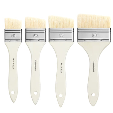 Set of 4 Fuumuui Natural Bristle Angled Brushes in sizes 40, 50, 60, and 80. Professional oil paint brush and acrylic paint brush set with long white handles, ideal for backgrounds and large-scale painting.
