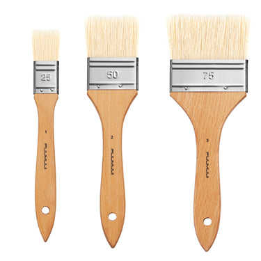 Set of 3 Fuumuui Natural Bristle flat brushes for Oil Paint and Acrylic Paint. Includes sizes 25, 50, and 75 with wooden handles. Ideal for professional artists and beginners for large washes, priming, and blending.