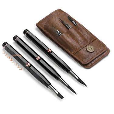 Fuumuui 3-piece retractable travel watercolor brush set displayed next to a brown leather storage case.
