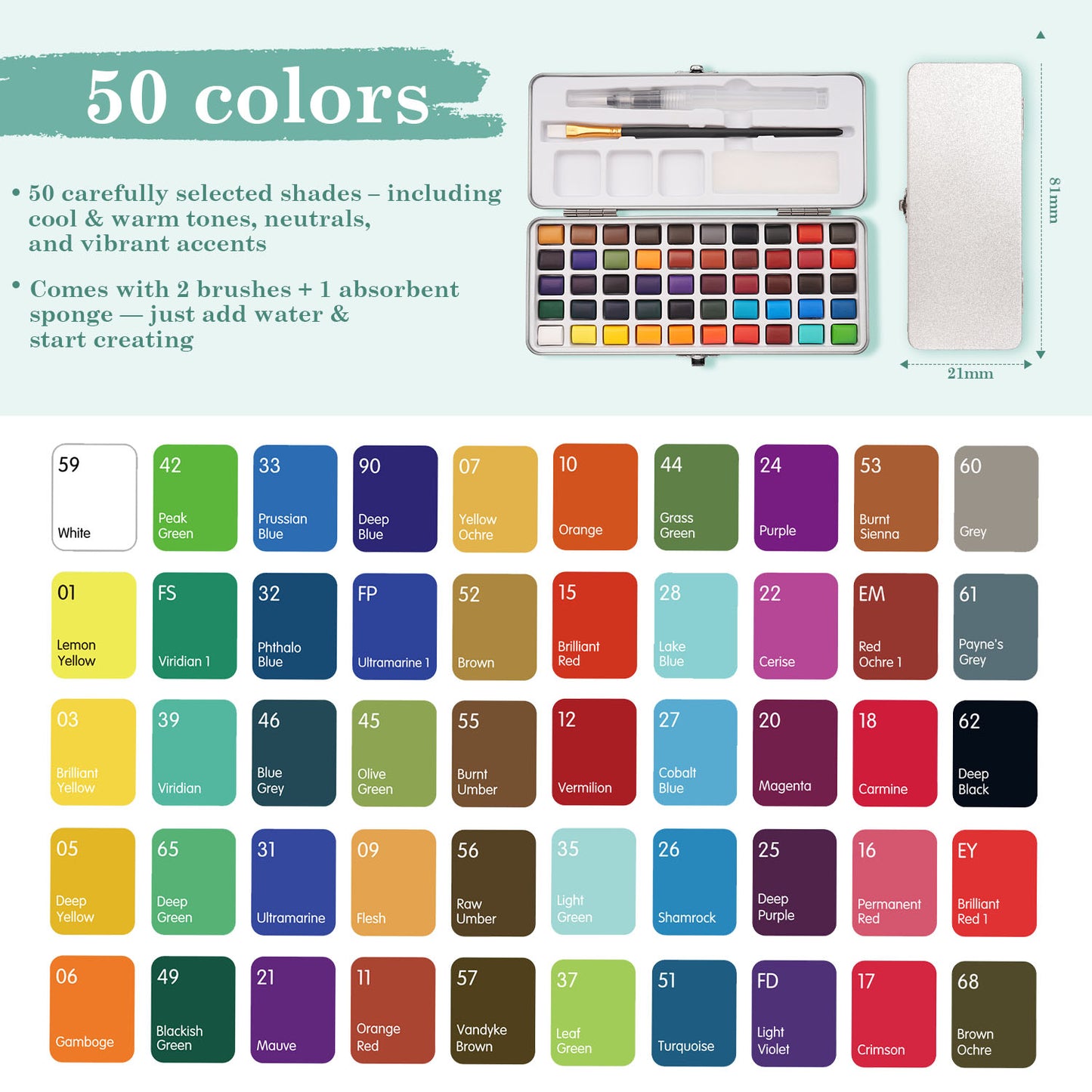 Fuumuui 50-color portable watercolor set with brushes and sponges, versatile, paint anytime, anywhere