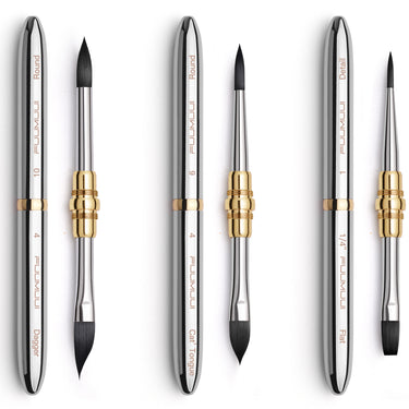 Fuumuui Art Supplies: 3-piece set of small, dual-tip silver travel watercolor brushes with premium synthetic squirrel hair. Features 6 versatile brush tip styles including Round, Dagger, Cat's Tongue, Detail, and Flat for fine art painting.