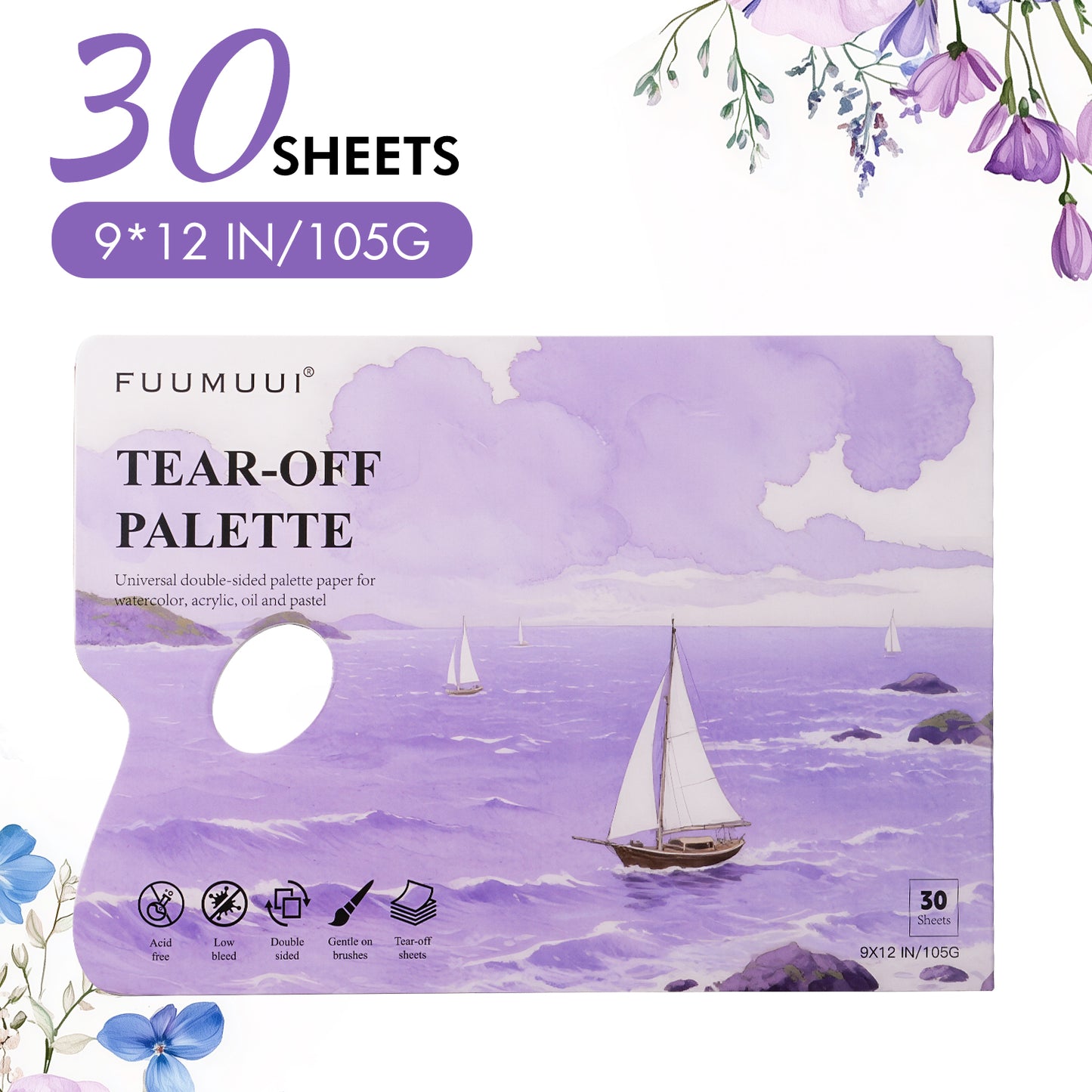 Fuumuui Disposable Paint Palette Paper Paint Pad, 9"x12", 30 Sheets, Acrylic & Oil Paint Paper