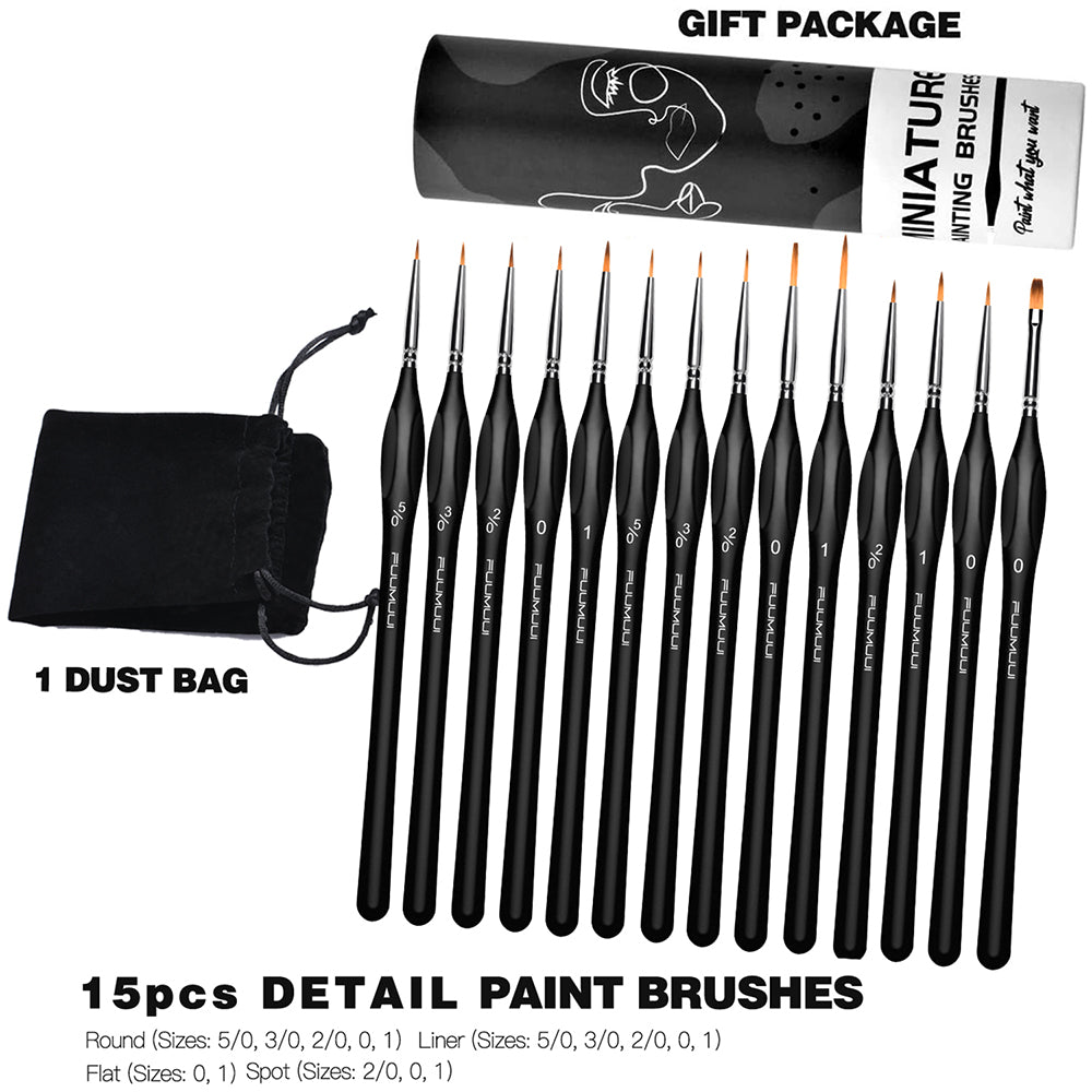 Fuumuui miniature paint brushes set of 15, including a dust bag and a gift package for painting miniatures, models, and figurines.