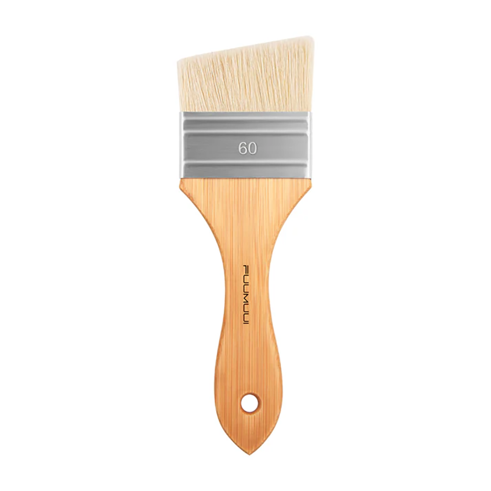 Fuumuui 60mm flat bristle brush, with a polished wooden handle and high-quality nylon hair, suitable for professional oil and acrylic painting.