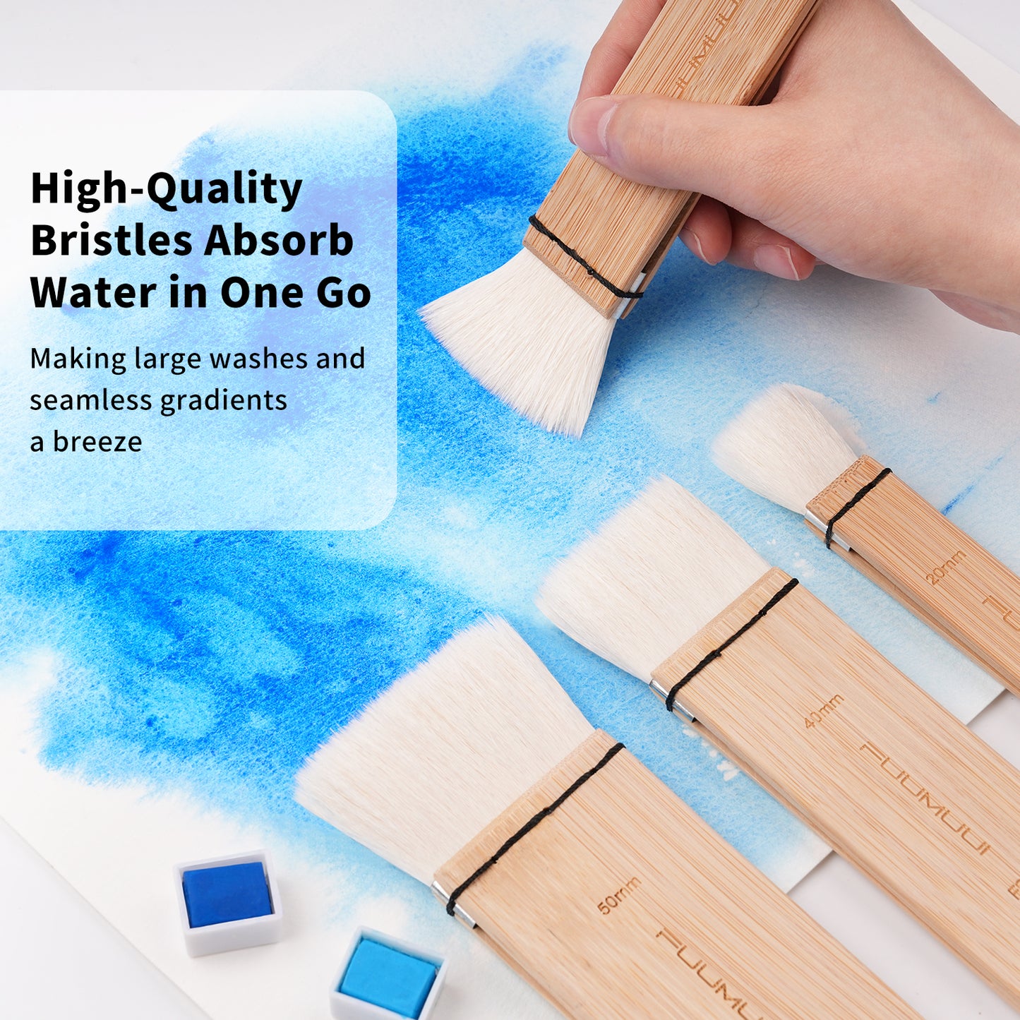 Fuumuui 4pcs Wool Watercolor Brushes – Extra Soft, High Absorption, Perfect for Washes, Backgrounds, and Large Area Painting