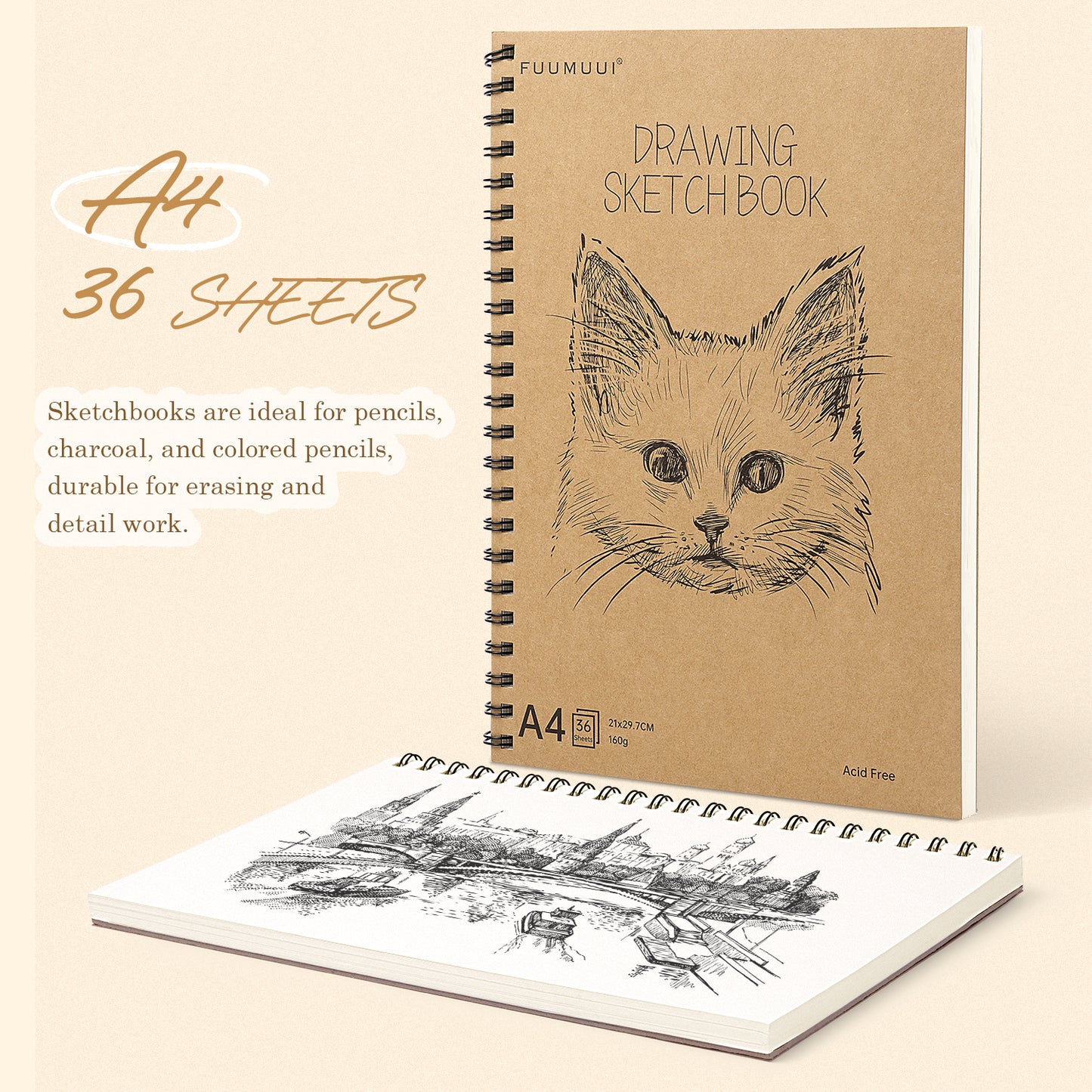 FUUMUUI A4 Spiral Sketchbook – 180° Lay-Flat, Acid-Free Paper for Graphite, Charcoal, Colored & Watercolor Pencils
