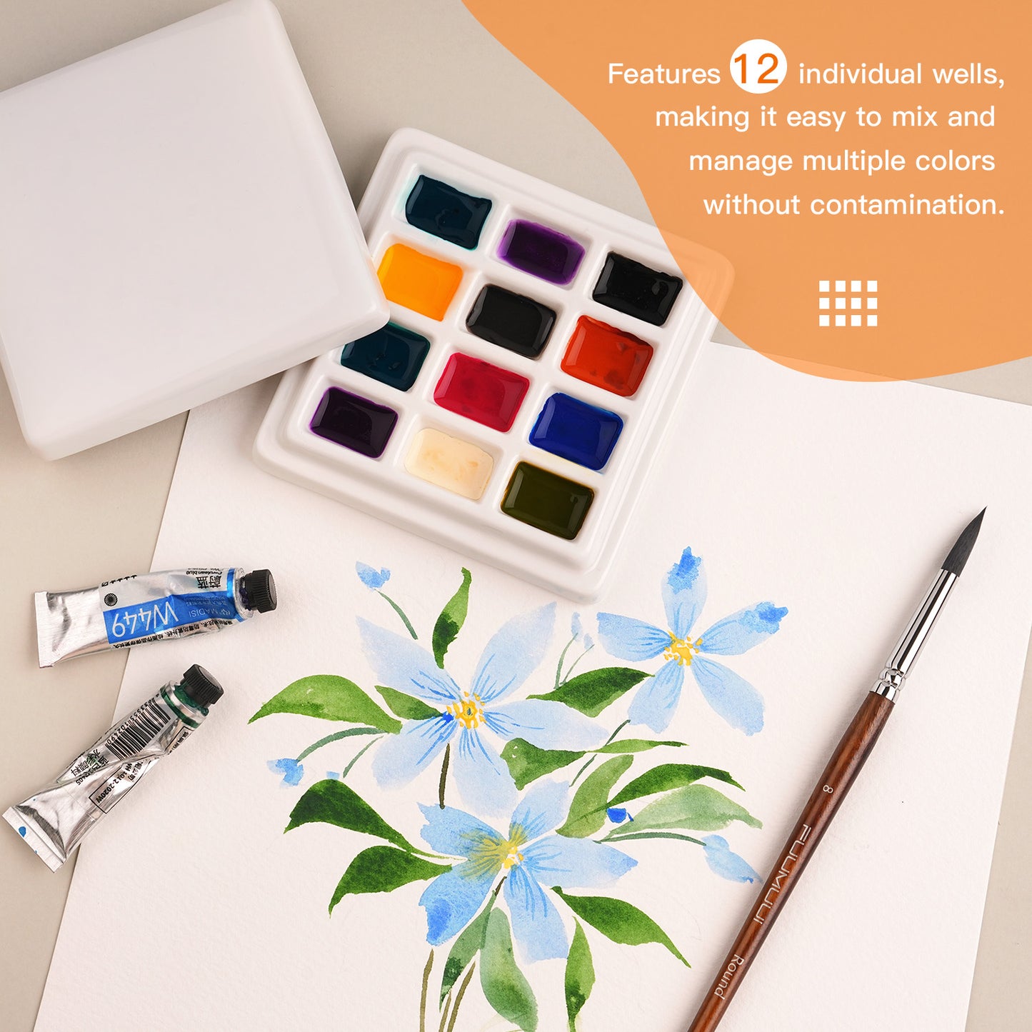 Ceramic Watercolor Palette with Lid – 12-Well &20-Well Porcelain Paint Mixing Tray for Artists, Travel & Studio Use