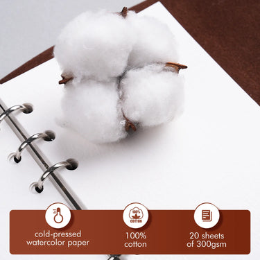 100% cotton cold press watercolor paper sketchbook with 20 sheets of 300gsm (140lb) textured white paper. Professional grade ring-bound watercolor paper for artists, featuring high-absorbency natural cotton fibers.
