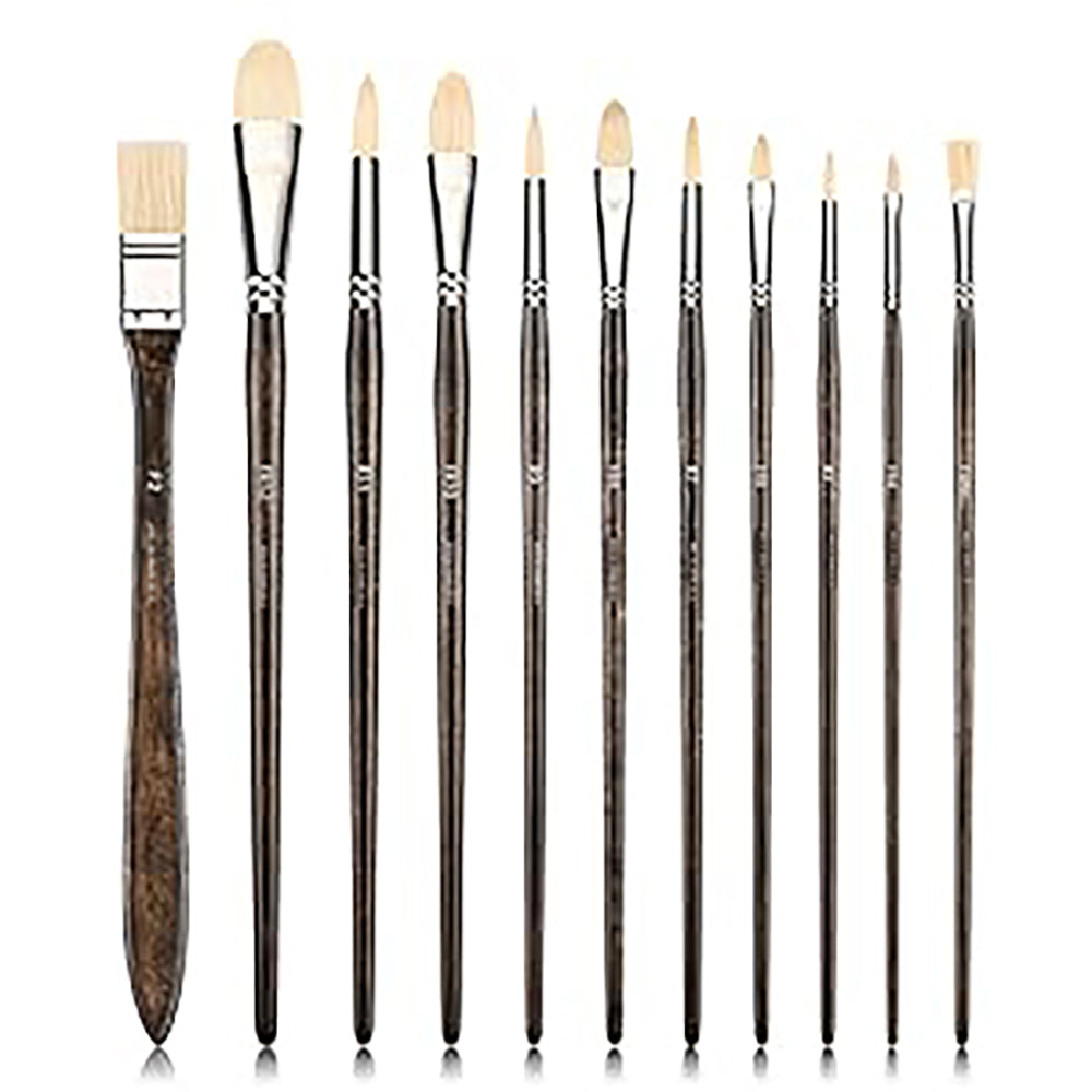 A full set of 11 professional hog bristle paint brushes in various sizes and shapes for oil and acrylic painting.