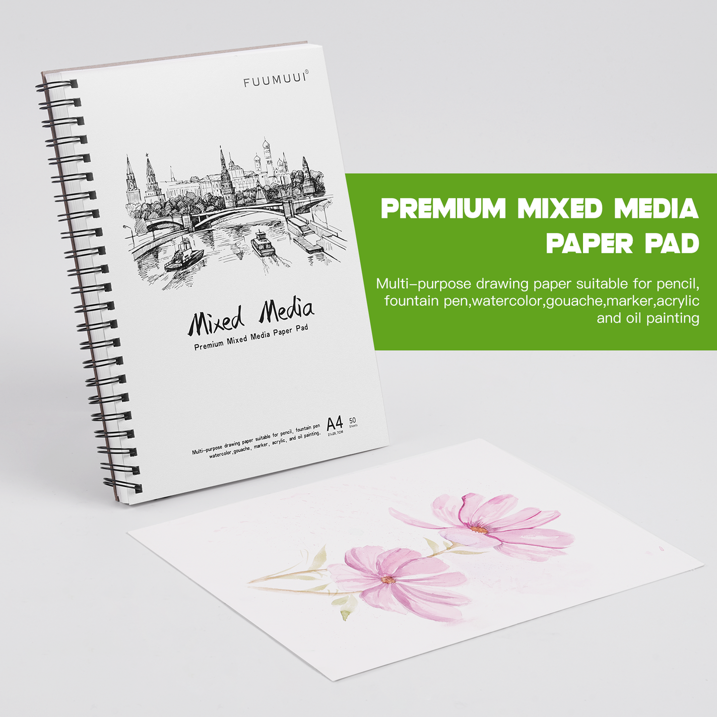 Fuumuui Mixed Media Sketchbook A4 - Spiral Bound, 50 Mixed Media Paper Sheets for Artists Watercolor, Acrylic, Oil, Gouache, Drawing, Pen and More.
