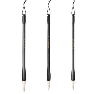 Fuumuui professional calligraphy brush set for watercolor & ink painting, 3 black-handled brushes with pointed white tips.
