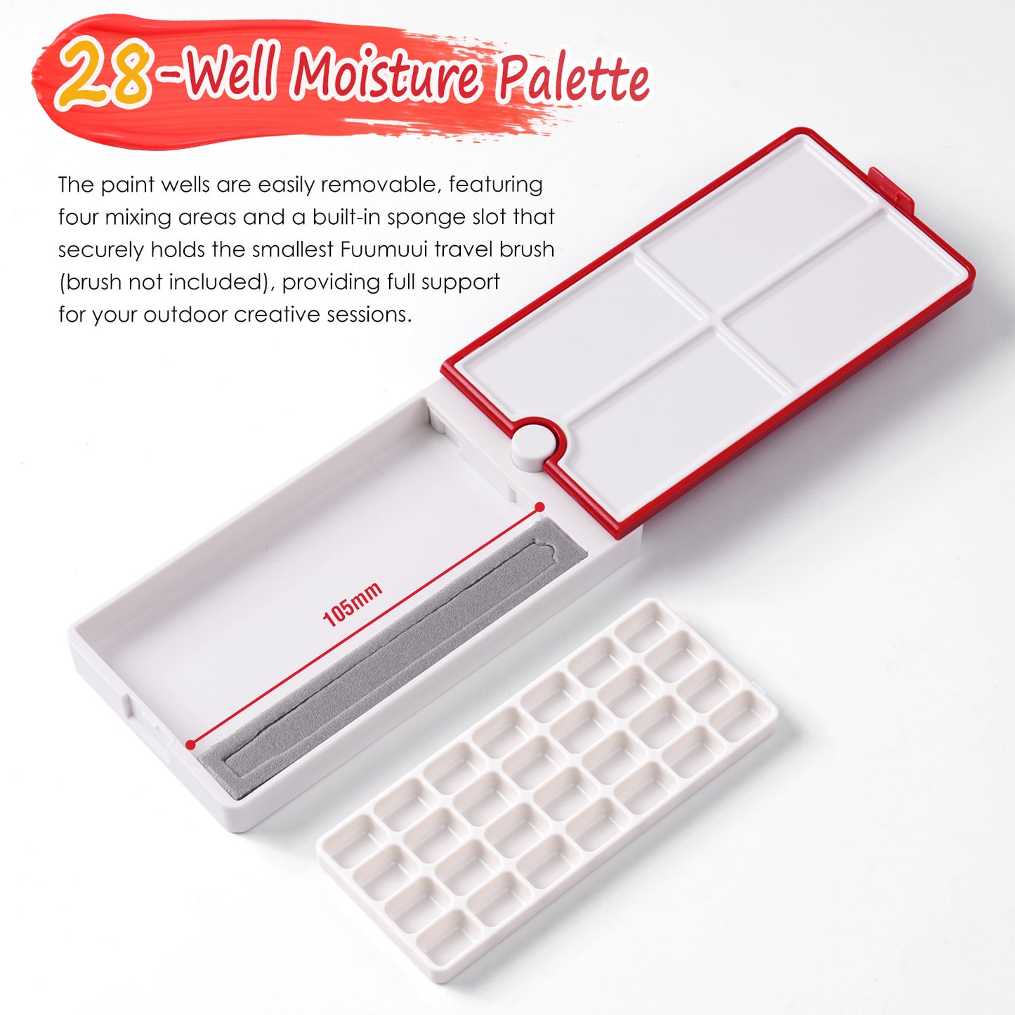 Fuumuui 28-Well Travel Watercolor Palette with 360° Rotating Red Lid and Mixing Trays – Compact with Brush Slot