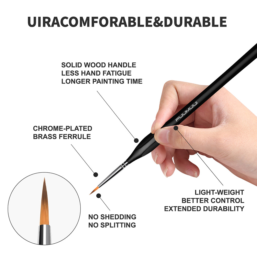 Fuumuui detail brushes for fine art, featuring an ergonomic triangular handle and a chrome-plated brass ferrule for better control.
