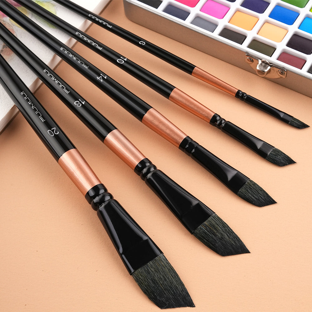 Fuumuui 5pcs professional squirrel hair watercolor brushes arranged with paint and a palette, a complete set for artists' projects.