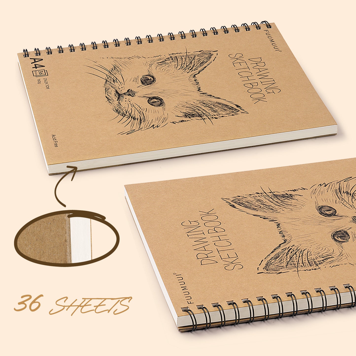 FUUMUUI A4 Spiral Sketchbook – 180° Lay-Flat, Acid-Free Paper for Graphite, Charcoal, Colored & Watercolor Pencils