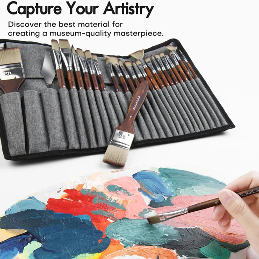 A hand uses a Fuumuui professional paint brush from the 25pcs set over an artist's palette.