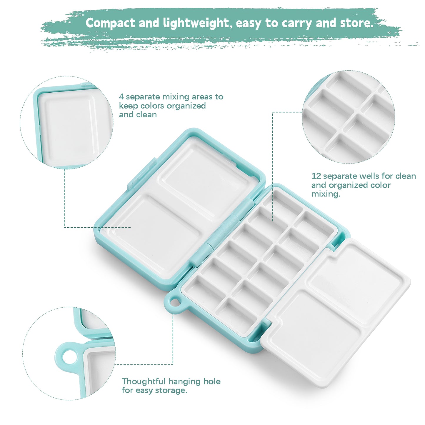 Fuumuui Portable Blue 12-Grid Watercolor Palette Box (With Lid + 4 Mixing Areas)