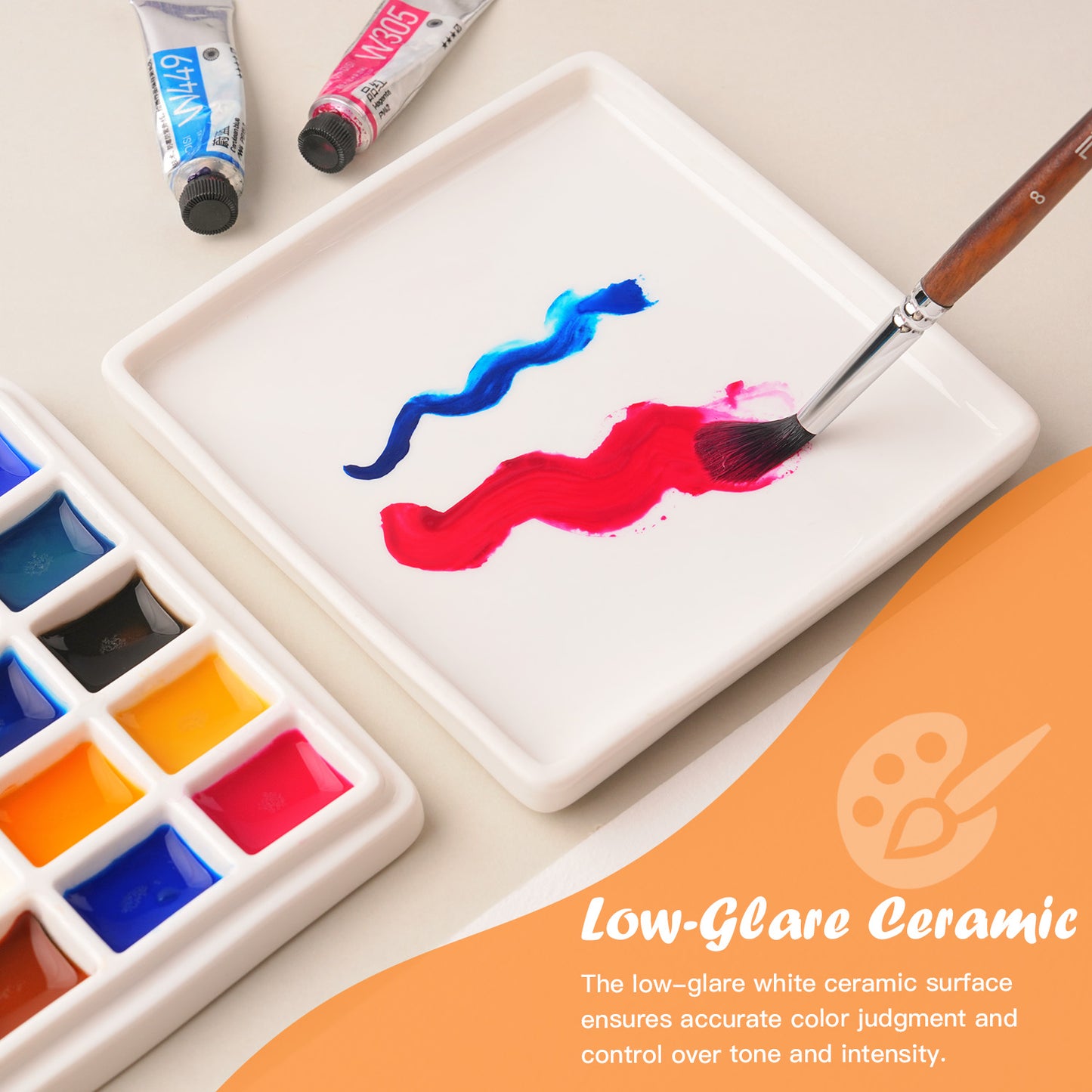 Ceramic Watercolor Palette with Lid – 12-Well &20-Well Porcelain Paint Mixing Tray for Artists, Travel & Studio Use