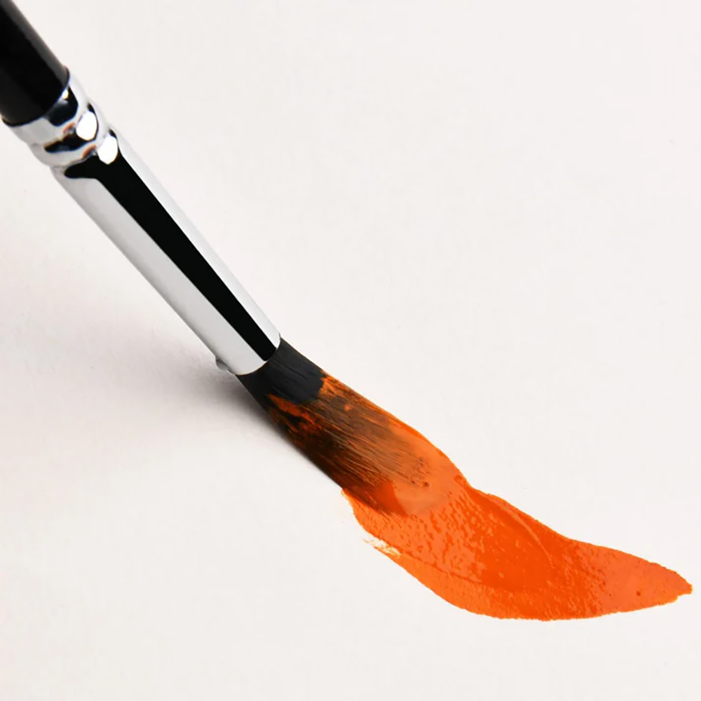 A Fuumuui professional watercolor brush applying a thick, bold orange stroke on a white canvas.
