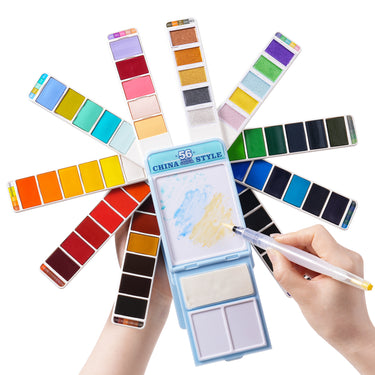 Fuumuui 56-color travel watercolor set china style with 180-degree fan-shaped foldout paint swatches.